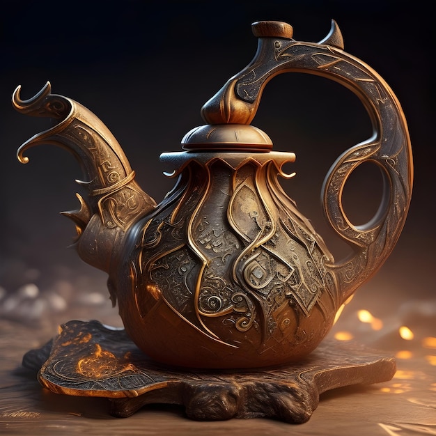 A gold teapot with a handle and a design on it.