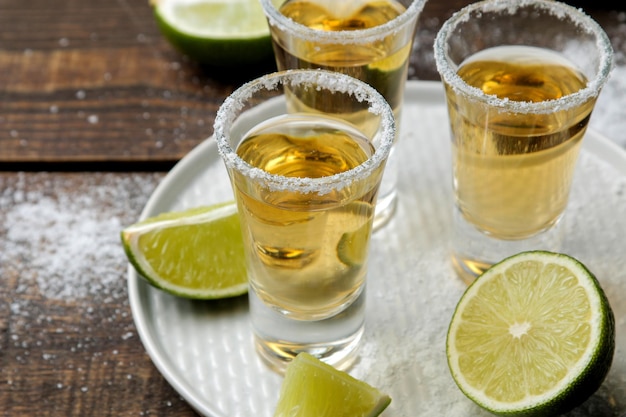 Gold tequila in a glass with salt and lime on a brown wooden table. alcoholic beverages.