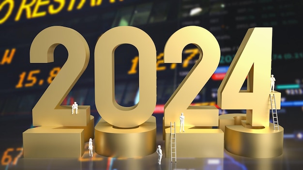 Gold text 2024 and figure for business concept 3d rendering