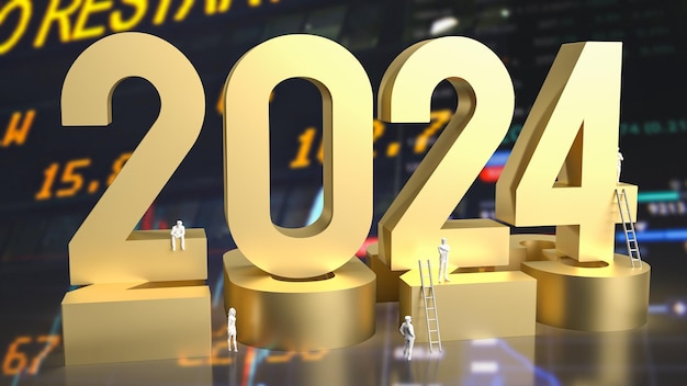 Foto testo in oro 2024 e figura per il concetto di business rendering 3d