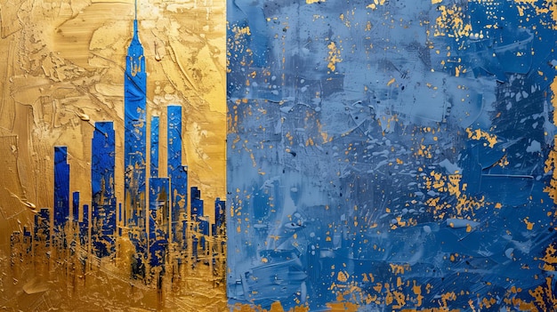 Gold texture with blue and painting with a skyscraper on a canvas