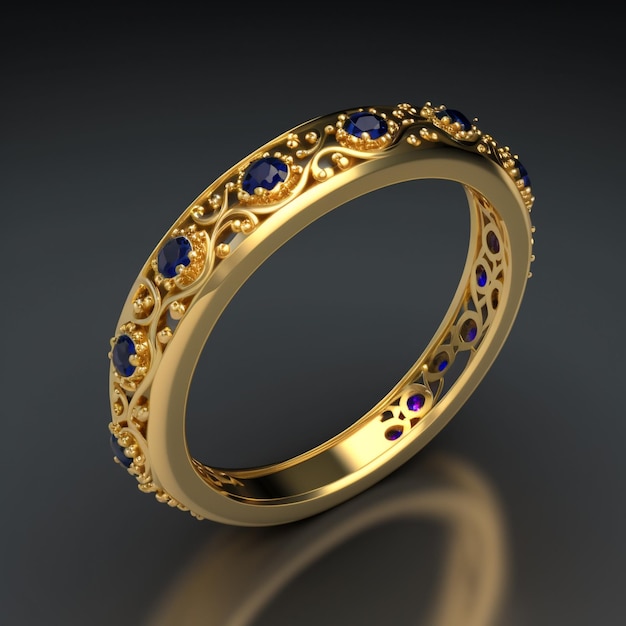 Gold thin ring with a scattering of blue sapphires concept art 3d render illustration