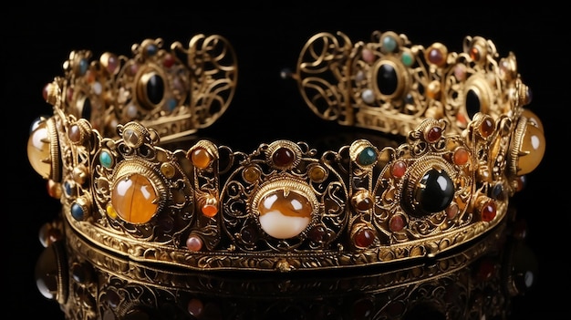 A gold tiara with a set of gemstones and a black background.