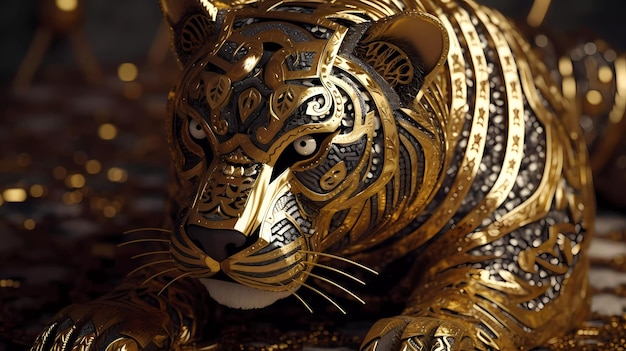 虎という文字が入った金色の虎の彫刻