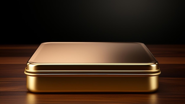 A gold tin with a gold lid sits on a brown background