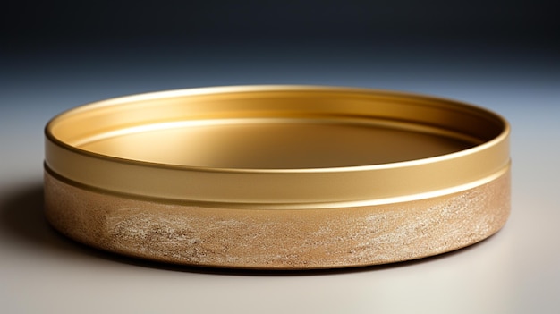 A gold tin with a gold lid sits on a brown background