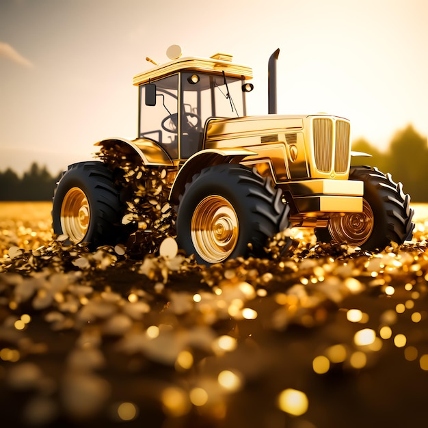 Gold tractor with piles of gold coins ai generated