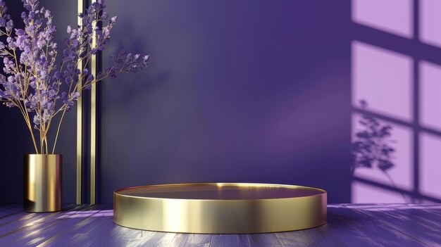 Photo gold tray on purple floor with vase