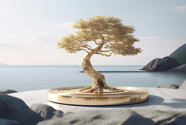 a gold tree is on a concrete platform near the ocean in the style of maquette