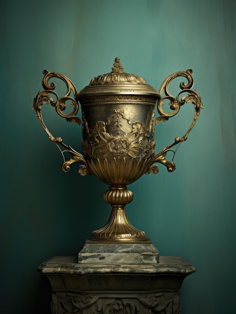 a gold trophy on a marble pedestal