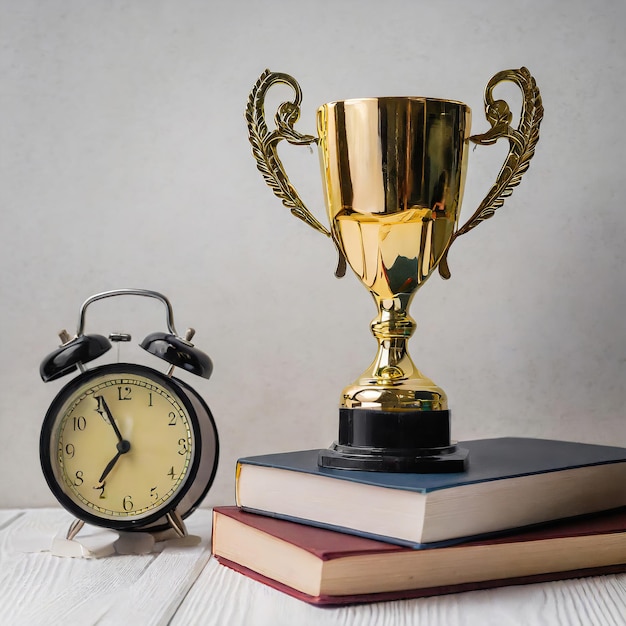 gold trophy sits on top of books next to an alarm clock