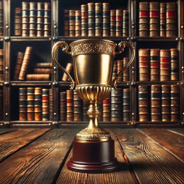 gold trophy sitting on a wooden table in front of bookshelves