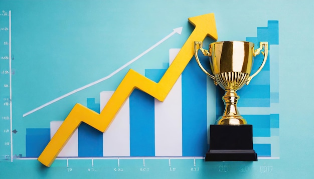 Photo gold trophy on top of financial graphs with an arrow pointing up