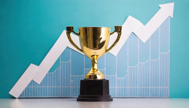 gold trophy on top of financial graphs with an arrow pointing up