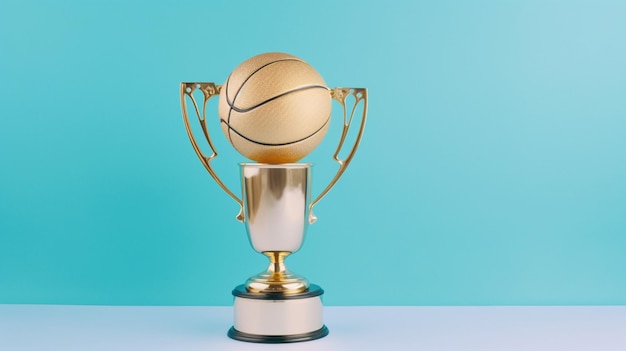 A gold trophy with a basketball on it that is on a blue background.