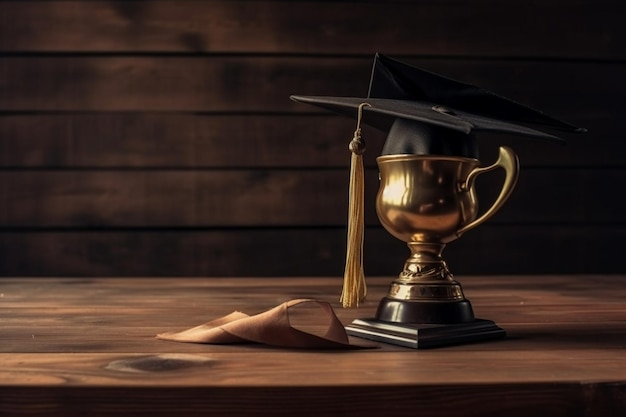A gold trophy with a black graduation cap on top.