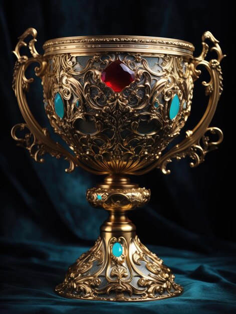 a gold trophy with a red gem