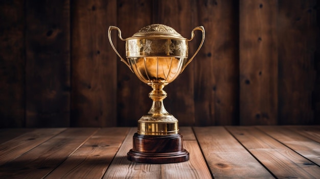 Gold trophy on wooden background