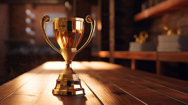 Gold trophy on wooden background