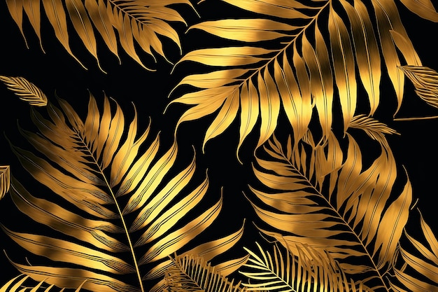 Gold tropical leaves patterned background. AI Generated