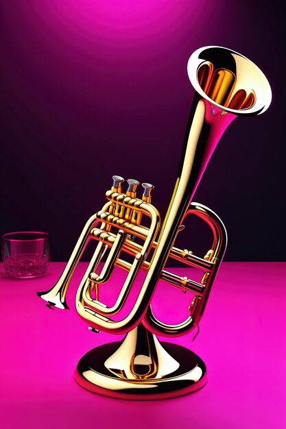 Photo a gold trumpet with a pink background and a glass of wine.