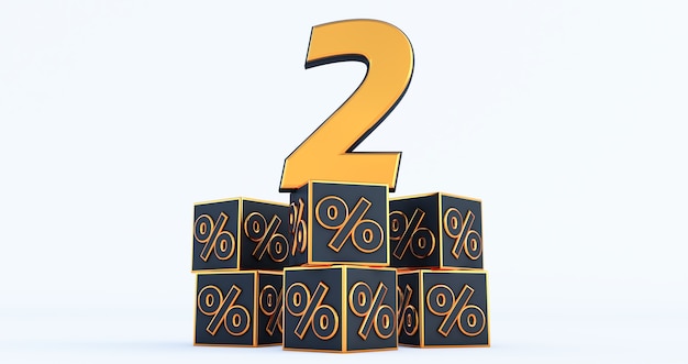 Gold two 2 percent number with Black cubes  percentages isolated on a white background. 3D render