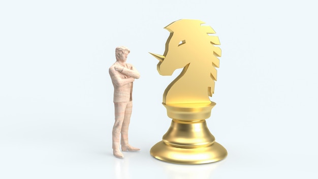 ゴールド・ユニコーン・チェス & マン・フィギュア・フォー・ビジネス・コンセプト 3Dレンダリング