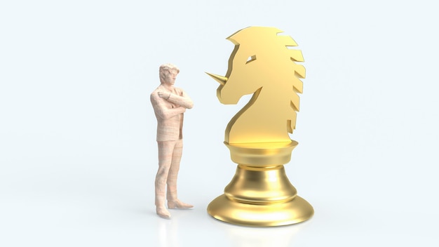 The Gold Unicorn Chess and man Figure for Business concept 3d Rendering