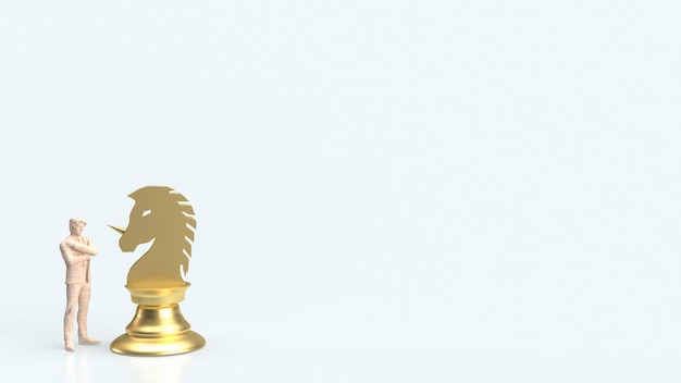 Foto l'unicorno d'oro a scacchi e la figura dell'uomo per il concetto di business 3d rendering