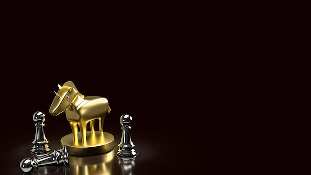 起動またはビジネス コンセプト 3 d レンダリングのための金のユニコーンとチェス