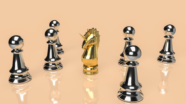 The gold unicorn and silver chess for business background 3d rendering