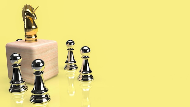 Золотой единорог на деревянном кубе и серебряные шахматы для бизнес-концепции 3d-рендеринга