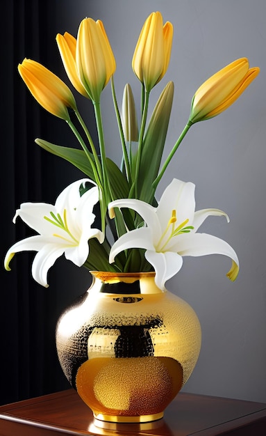 A gold vase with flowers in it and the word lily on the bottom.