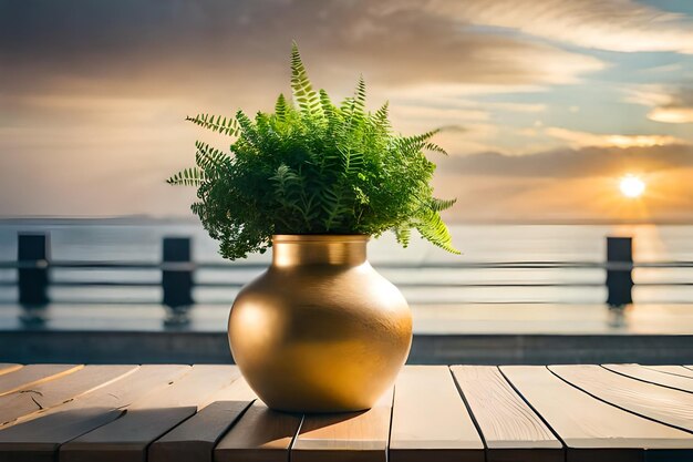 테이블 위에 있는 식물이 있는 황금 꽃병.
