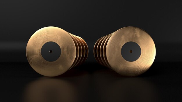 Gold vinyl records on black background 3d render