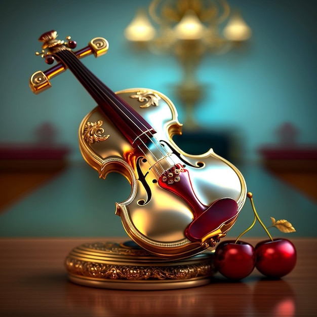 A gold violin sits on a table with cherries on it.