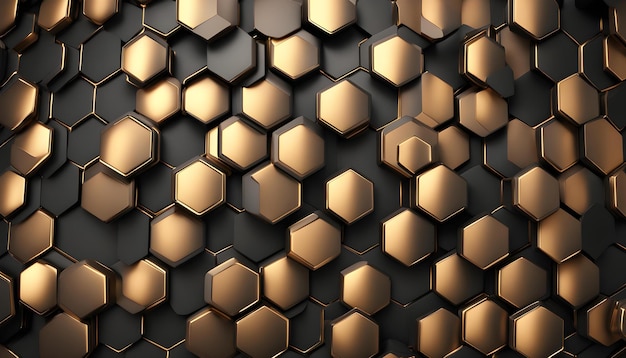 金色の金属の六角形のパターンで黒い背景の金色の壁