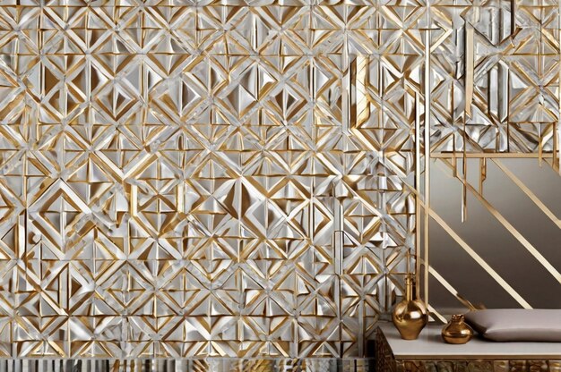 a gold wall with a gold frame and a gold lamp