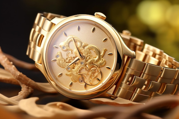 A gold watch with a gold face and a gold face.