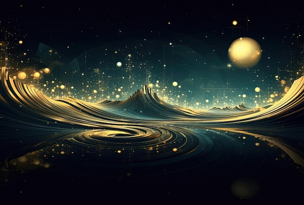 gold wave with ripples in the style of bokeh panorama