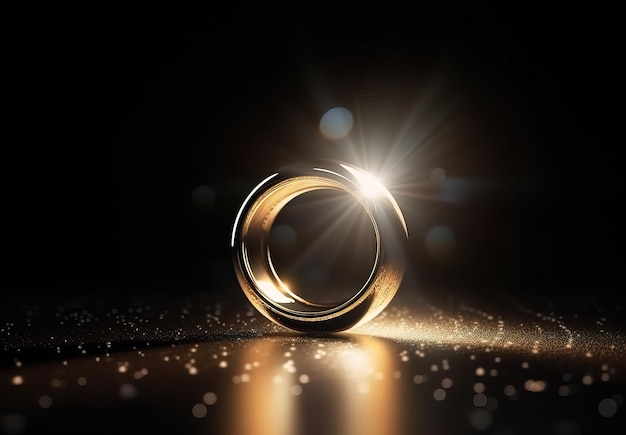 Photo a gold wedding ring is on a black background with light shining on it.