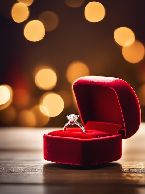 gold wedding ring with diamond in a red box on a bokeh background