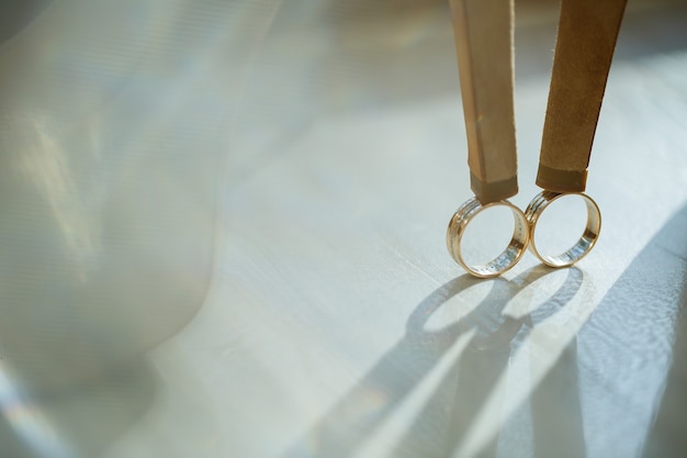 Gold wedding ring with women's shoes on the wedding day