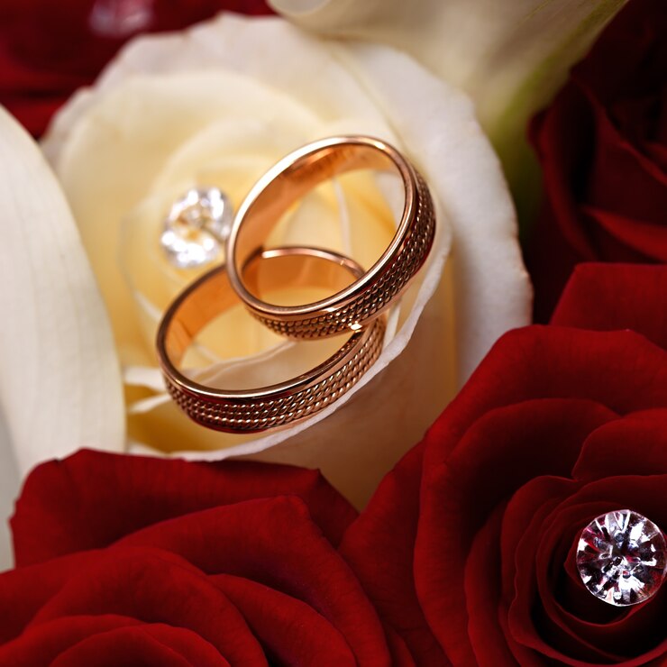 花嫁のための花の花束に金の結婚指輪