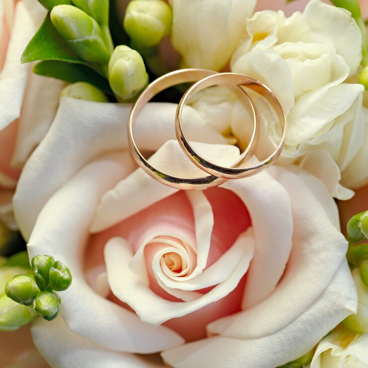 花嫁のための花の花束に金の結婚指輪