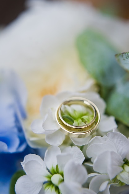 Золотые обручальные кольца для жениха и невесты.