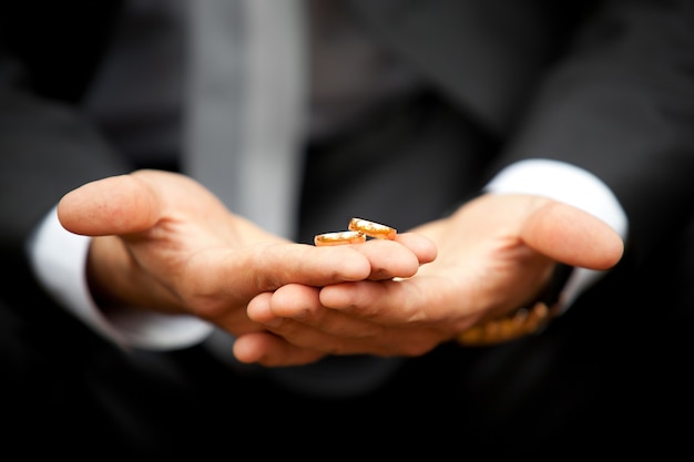 Gold wedding rings on a hand of the groom