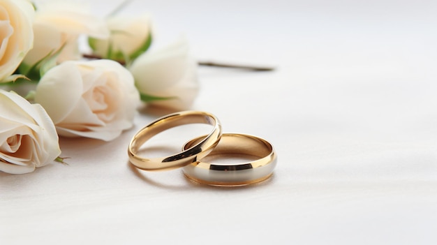 Gold wedding rings with flowers and copy space