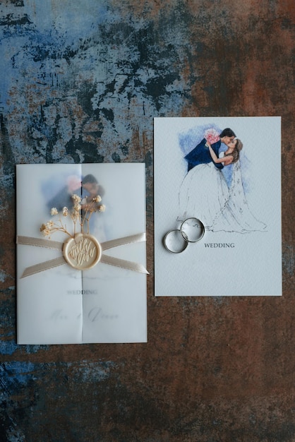Photo gold wedding rings with a invitation wedding