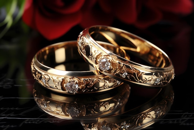 Gold wedding rings with a red rose on the bottom.